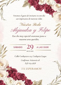 a wedding card with roses and leaves on the front, in red and white colors