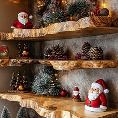 christmas decorations are displayed on wooden shelves with santa clause and pine cones in the background