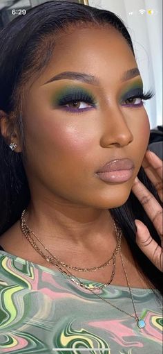 Spring Makeup Looks Black Women, Summer Makeup Looks For Black Women, Color Eyeliner Looks Black Women, Make Up Ideas Black Woman, Bold Makeup Looks Black Women, March Makeup Looks, Chartreuse Dress Makeup, Black Women Eye Makeup, Orange Hair Outfit Ideas