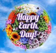 a happy earth day greeting card with flowers in the center and a bee flying over it