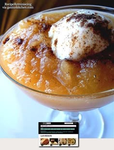 a dessert in a glass bowl with ice cream on top