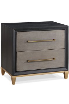 a black and gold nightstand with two drawers on it's sides, one drawer is open