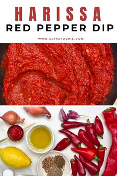 red pepper dip recipe in a pan with ingredients on the side and text overlay