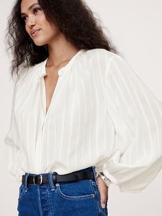 Rayon-Silk Blouse | Banana Republic Ethereal Romantic, White Silk Blouse, Deep Autumn, White Long Sleeve Blouse, Fashion 2024, Soft Summer, Blouse White, Late Summer, Sheer Blouse