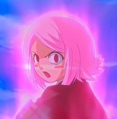 an anime character with pink hair and big eyes looking at the camera while standing in front of purple light