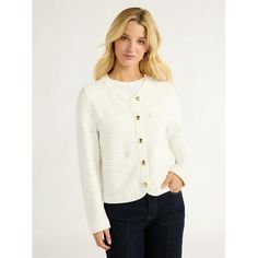 Free Assemblys Welt Pocket Cardigan Sweater is a modern take on an iconic classic. Wonderfully versatile, this elegant sweater can be buttoned up and worn as a top or layered and worn as a jacket, and it looks equally amazing with jeans as it does with a skirt or a dress. Super-soft, with a just-right fit, this is the sweater youll be reaching for again and again. Only at Walmart. Size: L.  Color: Off-White.  Gender: female.  Age Group: adult. Shrunken Sweater, Cream Outfits, Stitch Clothes, Elegant Sweater, Textured Cardigan, Cropped Cardigan Sweater, Pocket Cardigan, Cardigan Outfits, Style Cardigan