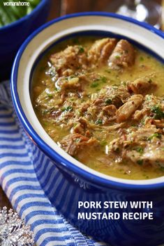 pork stew with mustard recipe in a blue bowl