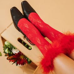 Be bold and stand out with these Destiny Feather Trim Lace Crew Socks! These raiment-ready beauties have the perfect amount of y2k vibes, and can pull up to mid calf or slouch, so you can 'flex' your style in any way you please. Semi-sheer nylon socks patterned in all-over crochet style lace. Hand-sewed feather trim just screams glam. Complete with a stretchy spandex cuff. So whether you're feeling more 'short and sweet' or edgy and elongated, these red aesthetic socks will take you straight to Red Hearts Socks, Fitted Red Socks Cheap, Red Lace Thigh High Socks, Aesthetic Socks, Ruffled Socks, Nylon Socks, Crochet Style, Y2k Vibes, Feather Trim