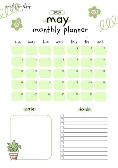 a printable may calendar with green flowers and the month on it's side