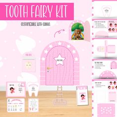 the tooth fairy kit is pink and has pictures, instructions, and stickers on it