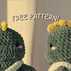 two crocheted stuffed animals with the words free pattern written below them in white letters