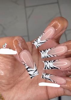 Graphic Acrylic Nails, Baddy Nails, Baddie Nail Art, Zebra Stripe Nails, Short Square Acrylic Nails