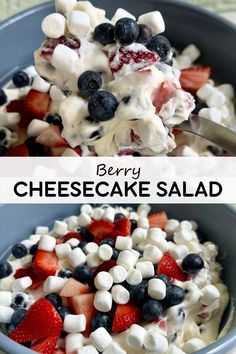 berry cheesecake salad with marshmallows and strawberries in a blue bowl