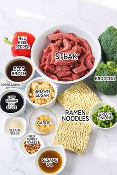 the ingredients for beef broth in bowls on a white counter top, including broccoli, carrots, sesame seeds, red peppers and peas