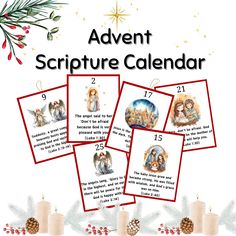 a christmas calendar with pictures of the nativity scene and numbers for each month on it