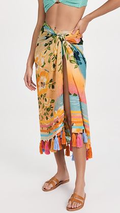 FARM Rio Colorful Rio Sarong | SHOPBOP India Fashion, Swimsuit Cover Ups, Farm Rio, Puff Sleeve Top, Sarong, Threading, Tropical Print, Latest Design, Yellow White