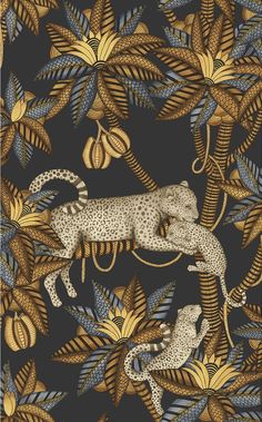 leopards and leaves on a black background