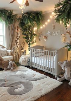 a baby's room decorated in white and grey with lots of greenery on the walls