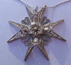 Large Sterling Silver Filigree Maltese Cross Necklace, 16" Filigree Jewelry, Twisted Wire, Sterling Silver Filigree, Silver Filigree, Archipelago, Sicily