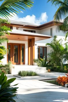 a modern house surrounded by tropical trees and plants