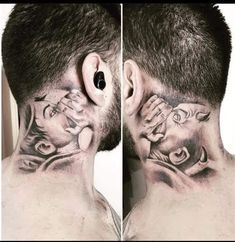 a man with tattoos on his neck and behind the ear