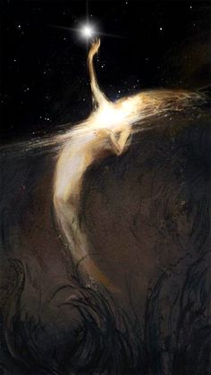 an artistic painting of a woman floating in the air with her arms outstretched and head turned to the side