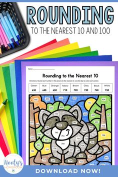 rounding to the nearest 10 with color pencils and markers