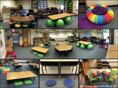 several pictures of different tables and chairs in a classroom