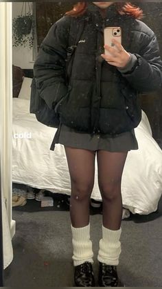 shop similar items on my benable ! #fashion #style #fall #autumn #winter #puffer #inspo #aesthetic Sixth Form Winter Outfits, College Outfits Uk Aesthetic, Jean Shorts And Stockings Outfit, Pleated Miniskirt Outfits, New York Winter Fashion Aesthetic, Fall Dark Outfits, Aesthetic Looks Winter, Winter Miniskirt Outfit, Winter Fits For College