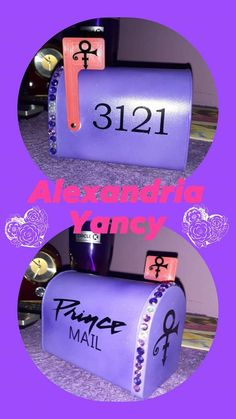 two purple mail boxes with the words alexandria honey on them and an image of a pair of scissors