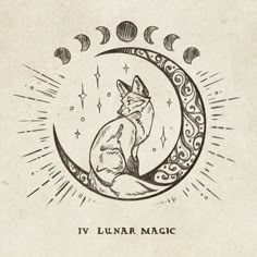 a drawing of a fox sitting on top of a moon with the words iv luna magic written