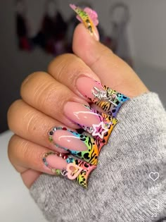 #rainbow #pink #purple #yellow #orange #blue #black #green #nails #nailart #nailsofinstagram #naildesign #nailstagram #nailtech #nailsnailsnails #nailsoftheday #nailswag #nailtutorial #nails2inspire #art #beautyblog #manicure #acrylic #acrylicnaildesigns #acrylicnailsforsummer #springnaildesigns #springnailcolors #summervibes #summernaildesigns #longnails #gelnails #gelnails #gelpolish #gelnailpolish #polish #laquenailbar #nailcare #nailcandy #bright Nails Design Bright Colors, Rainbow Blooming Gel Nails, Rainbow Leopard Print Nails, Rainbow Duck Nails, Colorful Junk Nails, Rainbow Leopard Nails, Rainbow Cheetah Nails, Rainbow Design Nails