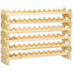 a wooden wine rack with several rows of bottles on it's sides and three shelves