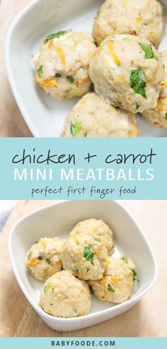 chicken and carrot mini meatballs in a white bowl on a wooden table with text overlay