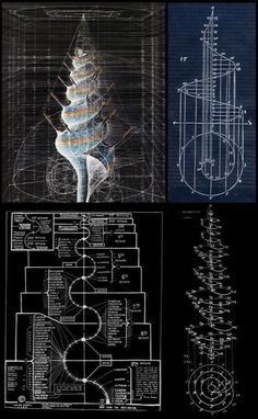 three different views of an architectural structure with blueprints and drawings on the side