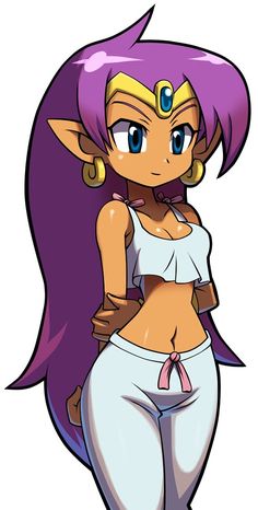 a cartoon girl with purple hair wearing white pants and a cropped top, standing in front of a white background