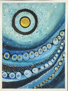 an abstract painting with circles and dots on the bottom, in blue and yellow colors