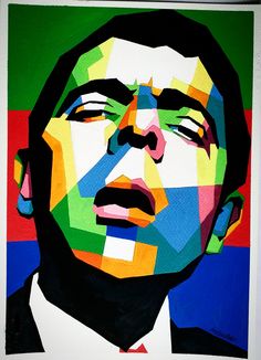 a painting of a man's face with multicolored squares on it