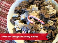 a bowl filled with crock - pot candy cane muddy buddies