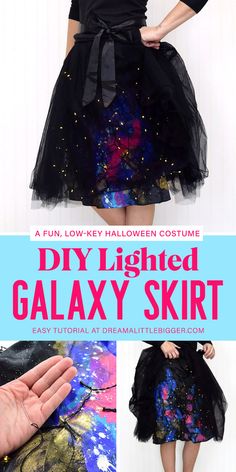 a woman wearing a black dress with stars on it and the words diy lighted galaxy skirt