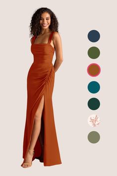 a woman in an orange dress standing next to color swatches and the colors she wears