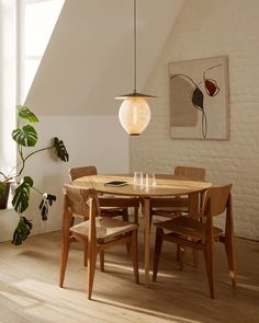 a dining room table with chairs and a potted plant