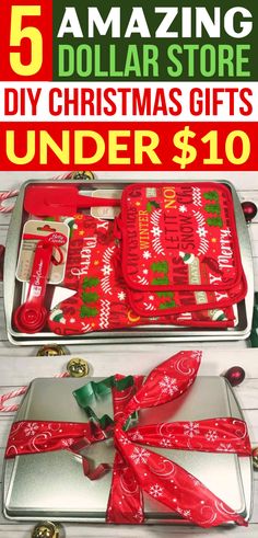 christmas gifts under $ 10 are on display with the text, 5 amazing dollar store diy christmas gifts under $ 10