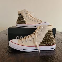 Studded Converse Shoes High Top Studded Shoes 2 Sides - Etsy Ivory Converse, Converse Shoes High Top, Upcycle Shoes, Studded Converse, Cute Converse, Converse High Top, Sneakers Box, Studded Sneakers, Studded Shoes