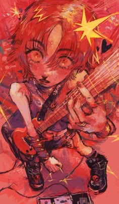 a drawing of a girl playing an electric guitar with stars above her head and on the ground