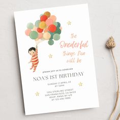 a birthday card with a boy holding balloons