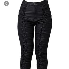 Black Coated Pants Lace Up Detailing Skinny Fit Size 8 Edgy High Waist Pants For Spring, Edgy High Waist Spring Pants, Edgy High-waist Spring Pants, Edgy High Rise Pants For Night Out, Edgy Spring Pants For Night Out, Edgy High-rise Pants For Night Out, Edgy Pants For Spring Night Out, Edgy Spring Trousers, Spring Edgy Pants