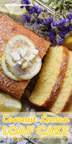 a loaf of lemon loaf cake sitting on top of a cooling rack next to sliced lemons