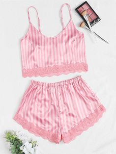 🚚FREE Shipping on orders over $60 ✨ use Code: "Mylook" for Extra Discount at checkout Color: Pink Color: Pink Pattern Type: Striped Details: Contrast Lace, Scallop Type: Sexy Sets Composition: 100% Nylon Material: Satin Fabric: Non-Stretch Bra Type: Camisole Panty Type: High Waist, Shortie Belt: No Body: No Chest pad: No Pijamas Women, Belted Robe, Lace Trim Shorts, Satin Lingerie, Satin Cami, Satin Pyjama Set, Fame Dr, Summer Stripes, Bra Types