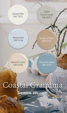 the color scheme for coastal grandma is shown in blue, white and gray colors on this table